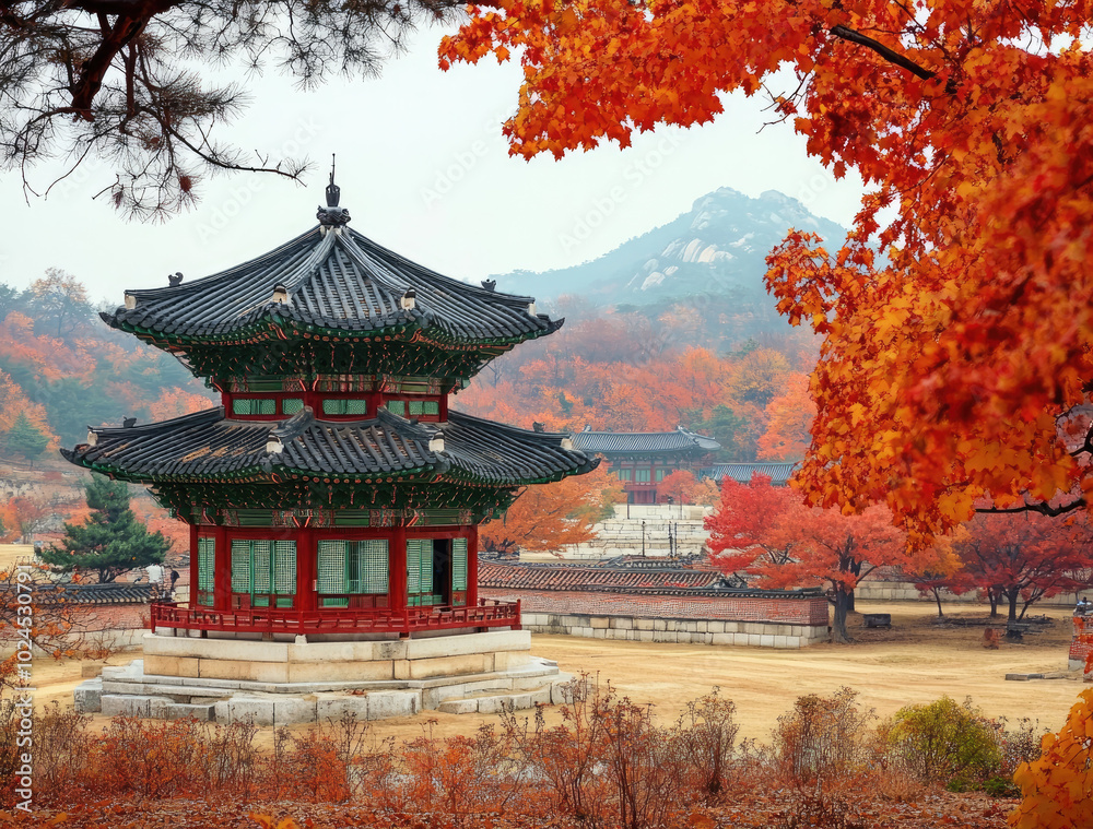 A beautiful autumn scene of the Seowonam Flower Garden in Seoul, South Korea with colorful trees and traditional Korean architecture A beautiful autumn scene of the Seowonam Flower Garden in Seoul, South Korea with colorful trees and traditional Korean architecture