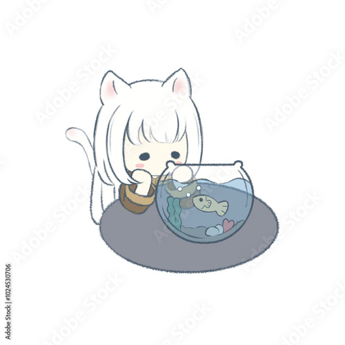 Cat girl watching fish bowl 