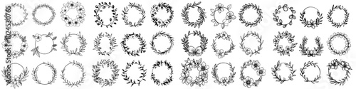 A collection of natural monochrome circular decorations made of foliage of plants. Round branches with leaves, hand drawn floral frame, and decorative sketch leaves.