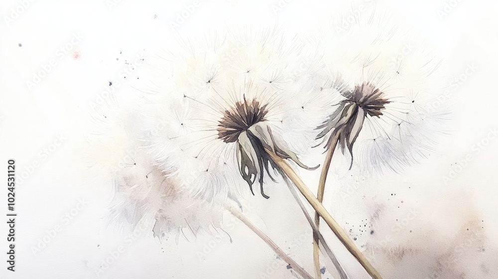 Delicate watercolor dandelion with feathery textures against a soft white background. illustration Delicate watercolor dandelion with feathery textures against a soft white background. illustration