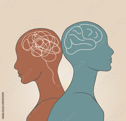 2 Head silhouette. Metaphor bipolar disorder mind mental. Double face with tangle and untangle brain. Concept mood disorder.Split personality. Psychology. Mental health. Psychiatry