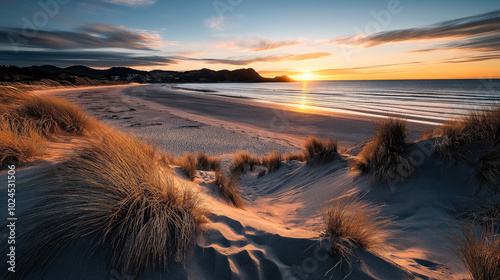 Coastal landscape during sunset with sand dunes covered in grass and calm ocean waves in the background