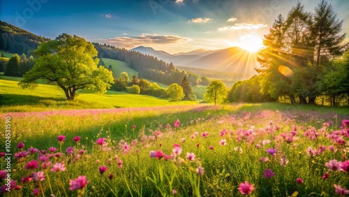 Golden Rays Illuminate a Field of Delicate Blooms, Nestled Amidst Lush Green Hills and Tall Trees, as the Sun Sets Over the Distant Mountains.