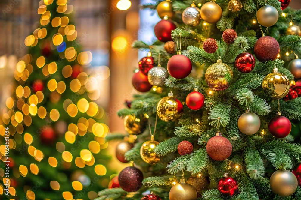 Medium shot of a Christmas tree decorated with ornaments and surrounded by Christmas decorations on wallpaper Medium shot of a Christmas tree decorated with ornaments and surrounded by Christmas decorations on wallpaper