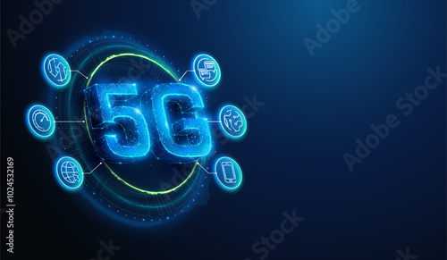 Abstract illustration of 5g wireless mobile network with lineart icons in low poly style. Blue geometric background depicting 5g communication hardware concept by wireframe connection structure