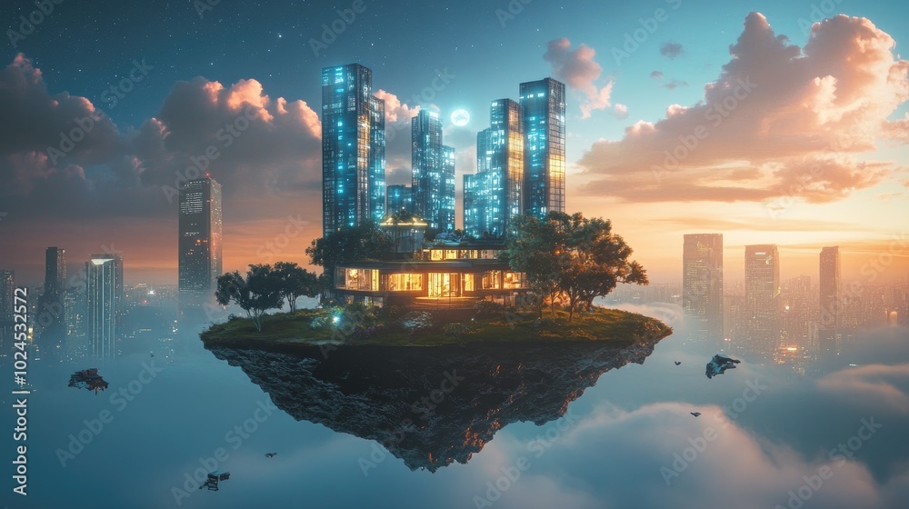 A high-tech floating island in the sky, with a futuristic house and skyscrapers in the background, glowing with modern architectural designs A high-tech floating island in the sky, with a futuristic house and skyscrapers in the background, glowing with modern architectural designs