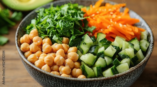 A vibrant and colorful bowl filled with fresh, healthy ingredients including avocado, carrots