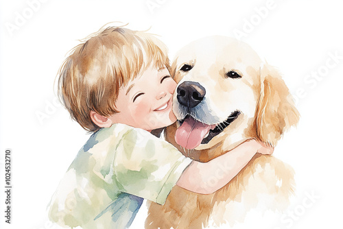A joyful child hugging fluffy golden retriever, showcasing heartwarming bond between them. illustration captures essence of friendship and love
