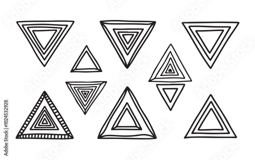 Minimalist Black Hand-Drawn Triangles on White Background with Varied Shapes and Sizes