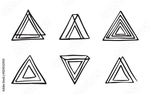 Minimalist Black Hand-Drawn Triangles on White Background with Varied Shapes and Sizes