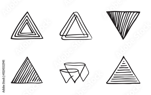 Minimalist Black Hand-Drawn Triangles on White Background with Varied Shapes and Sizes