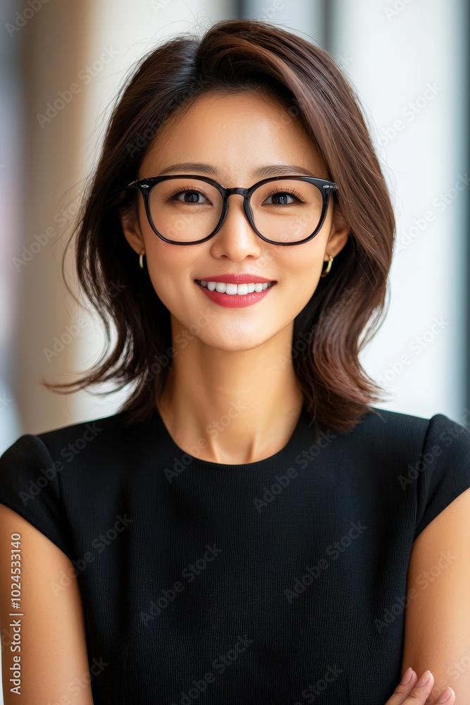 A confident woman smiles warmly while wearing stylish glasses. This portrait captures her approachable personality and modern elegance in a bright indoor setting. A confident woman smiles warmly while wearing stylish glasses. This portrait captures her approachable personality and modern elegance in a bright indoor setting.
