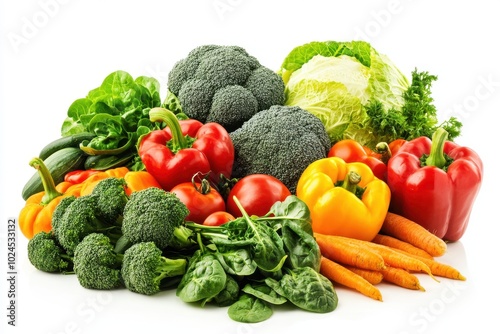 A vibrant collection of fresh vegetables including broccoli, bell peppers (red and yellow), carrots,