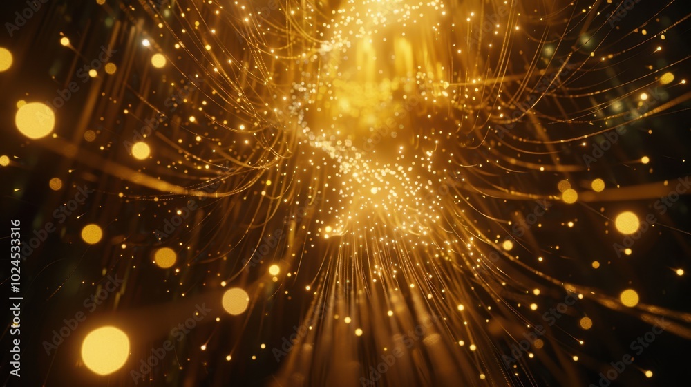Fototapeta premium Golden Light Particles Flowing Through Dark Space