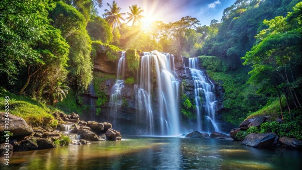 Fototapeta premium Medium shot of a waterfall in the Atlantic Forest illuminated by sunlight