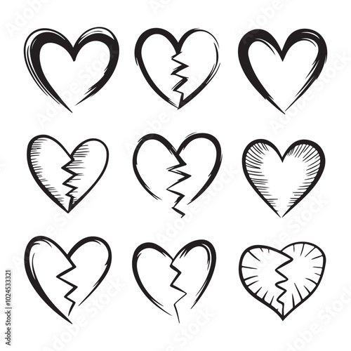 Hand-Drawn Black Hearts on White Background with Varied Shapes and Sizes