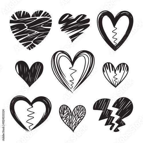 Hand-Drawn Black Hearts on White Background with Varied Shapes and Sizes