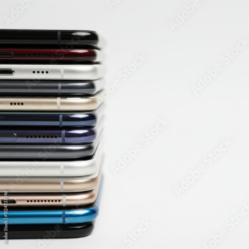 Large stack of smartphones placed on a isolated white background