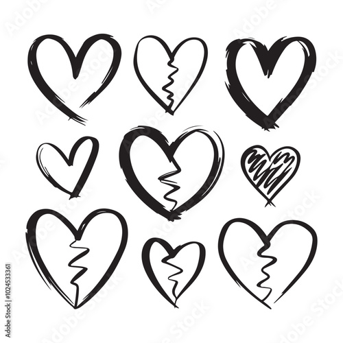 Hand-Drawn Black Hearts on White Background with Varied Shapes and Sizes