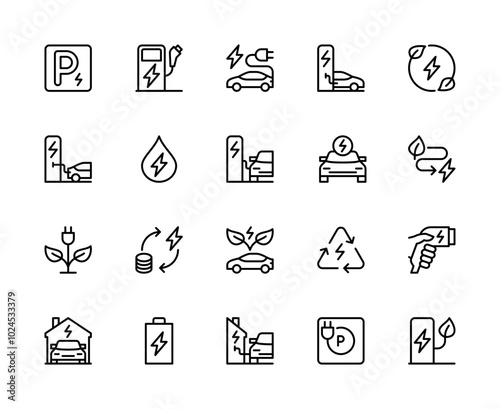 Car charging station vector linear icons set. Contains such icons as parking, car charger, charging icon, car and more.