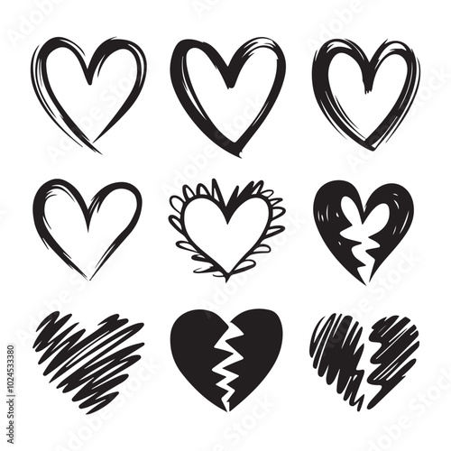 Hand-Drawn Black Hearts on White Background with Varied Shapes and Sizes