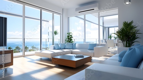 Minimalist living room with sleek air conditioner large windows and natural light styled in a cool blue and white color scheme that creates a calm and refreshing feel of modern futuristic design photo