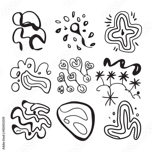Minimalist Black Hand-Drawn Doodles on White Background with Varied Shapes and Themes