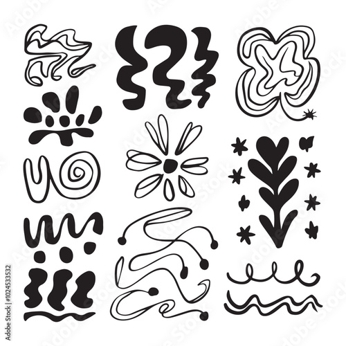 Minimalist Black Hand-Drawn Doodles on White Background with Varied Shapes and Themes