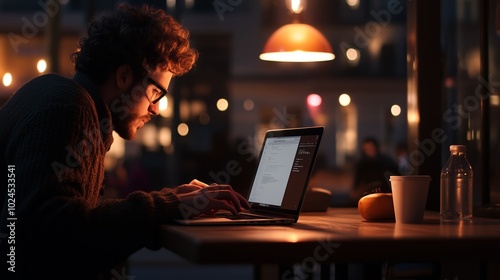 Young man working late at a café, focused on his laptop while enjoying a quiet evening atmosphere