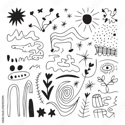 Minimalist Black Hand-Drawn Doodles on White Background with Varied Shapes and Themes