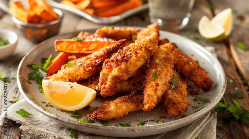 Crispy Fried Fish with Lemon and Sweet Potato Fries Crispy Fried Fish with Lemon and Sweet Potato Fries