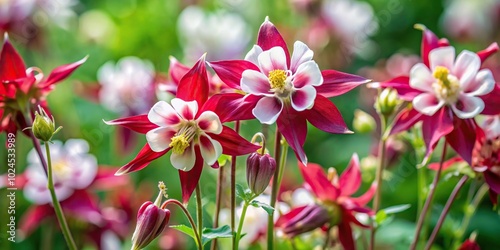 Medium shot of Aquilegia vulgaris columbine plants with flowers