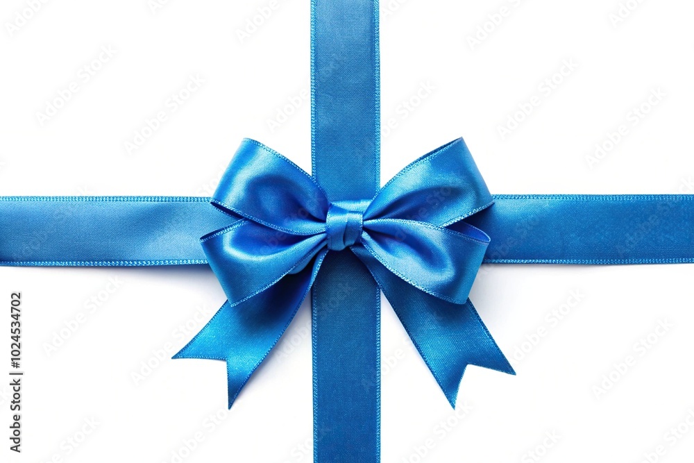 Medium shot of blue ribbons and bow on white background Medium shot of blue ribbons and bow on white background