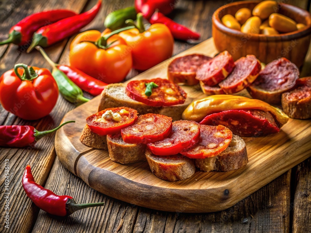 Sliced Sobrasada Sausage and Bread on Rustic Wooden Board - Mediterranean Delicacy Sliced Sobrasada Sausage and Bread on Rustic Wooden Board - Mediterranean Delicacy