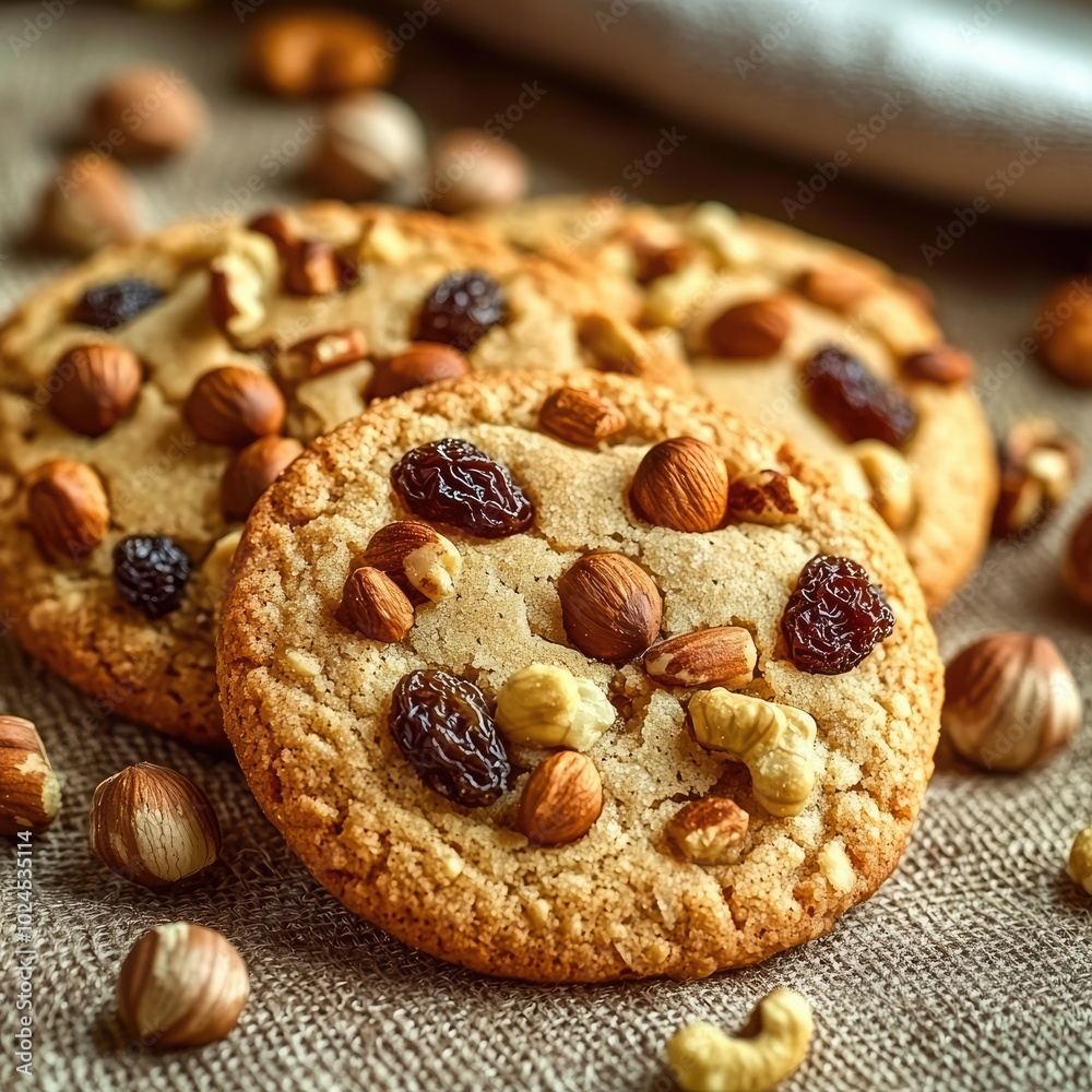 Fresh Homemade Cookies with Nuts and Raisins Decorated with Nuts on Brown Pastel Background Fresh Homemade Cookies with Nuts and Raisins Decorated with Nuts on Brown Pastel Background