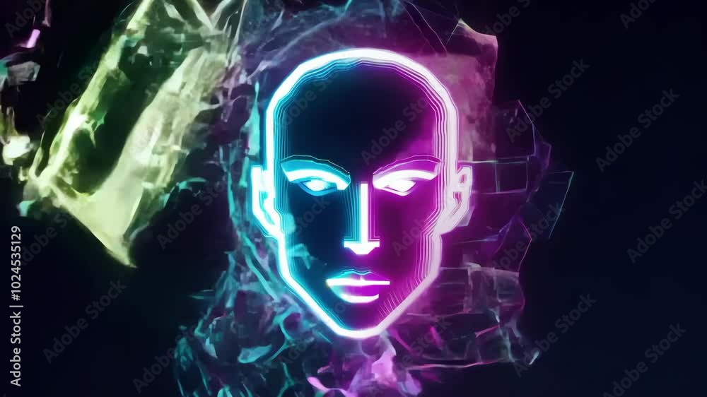 Futuristic neon face glowing in abstract shattered background Futuristic neon face glowing in abstract shattered background