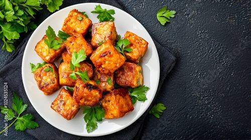 Overhead view of an Indonesian style fried tempeh dish served on a simple white plate