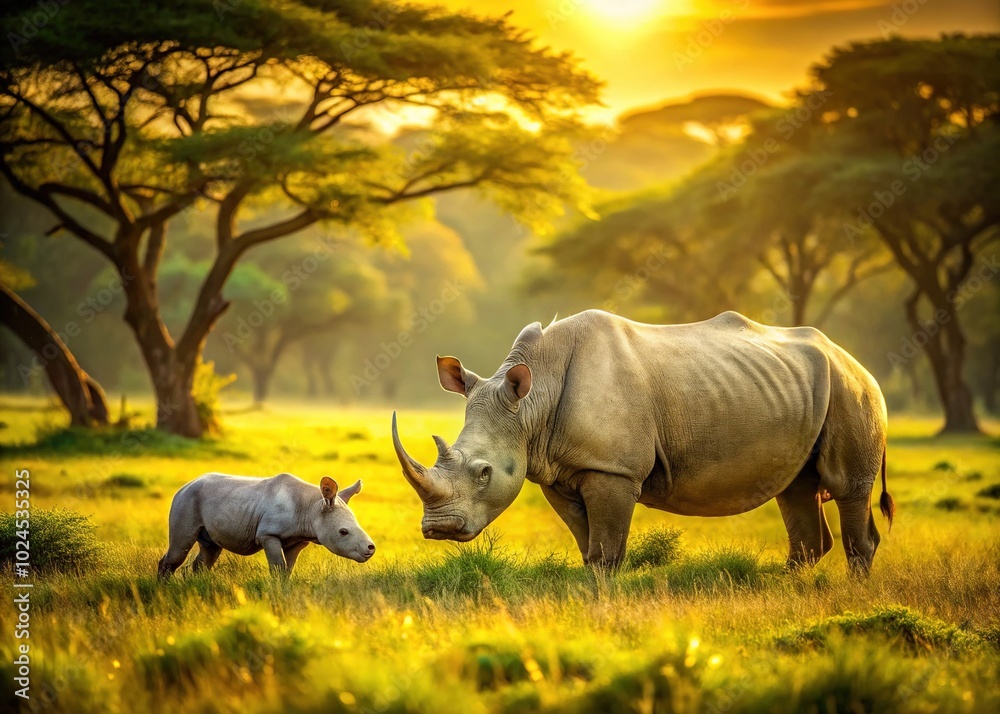 Obraz premium Small White Rhino Calf Grazing with Mother in Beautiful Bokeh Effect