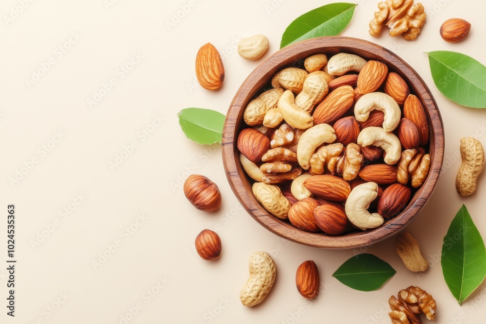 A wooden bowl filled with a mix of nuts and raisins, including almonds, pistachios A wooden bowl filled with a mix of nuts and raisins, including almonds, pistachios