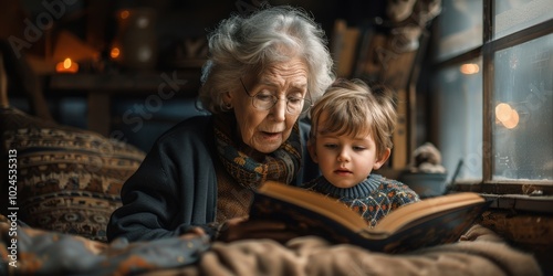 Grandmother and grandson read a book with children's fairy tales