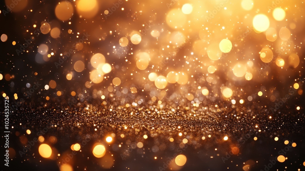 Golden Glittering Particles With Bokeh Effect In A Warm Light Festive Scene Golden Glittering Particles With Bokeh Effect In A Warm Light Festive Scene