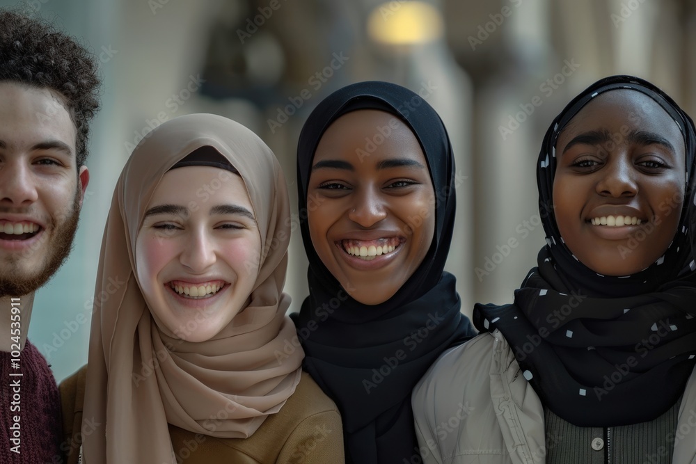 Diverse group of young friends smiling together, showing unity and joy. Diverse group of young friends smiling together, showing unity and joy.