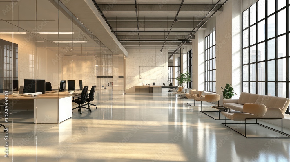 Corporate office with sleek interiors, modern furniture, and employees engaged in professional tasks Corporate office with sleek interiors, modern furniture, and employees engaged in professional tasks