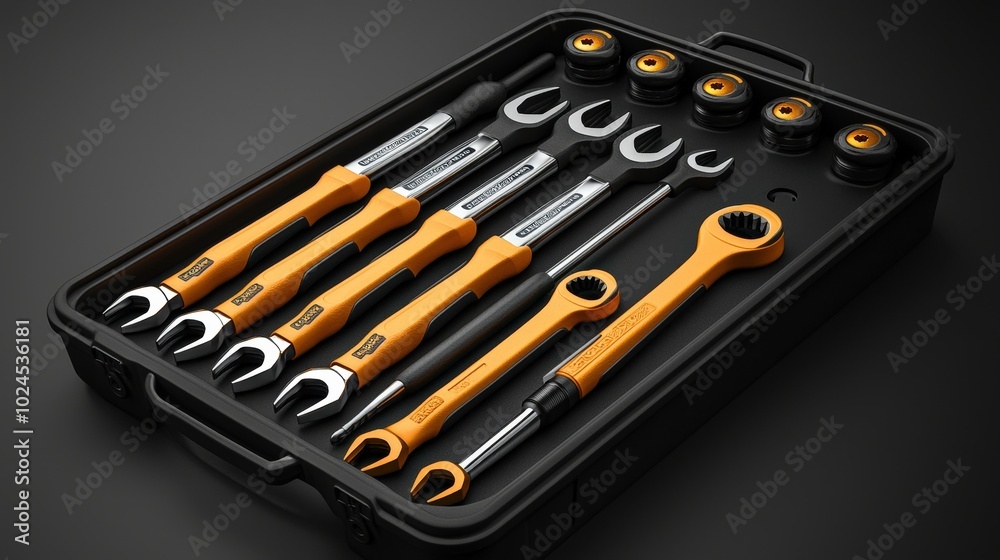 A neatly organized tool set featuring various wrenches and sockets resting in a sturdy black carrying case, ideal for any technician's needs A neatly organized tool set featuring various wrenches and sockets resting in a sturdy black carrying case, ideal for any technician's needs