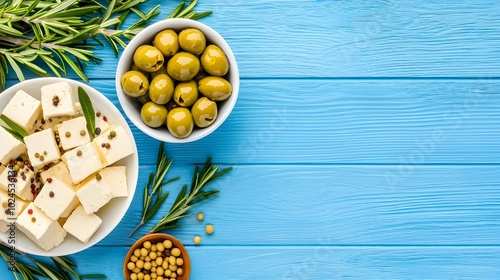 Flat lay composition featuring tofu soybeans olives and rosemary on a blue wooden surface with digital binary textures and a split complementary color scheme photo