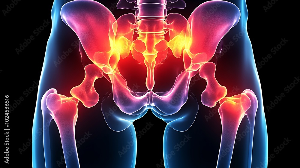 Hip joint X-ray, pain region marked in vivid orange, clear bone outlines with glowing orange accent on pain zone, subtle shadow gradients in background, soft blue tint on non-affected areas, Hip joint X-ray, pain region marked in vivid orange, clear bone outlines with glowing orange accent on pain zone, subtle shadow gradients in background, soft blue tint on non-affected areas,