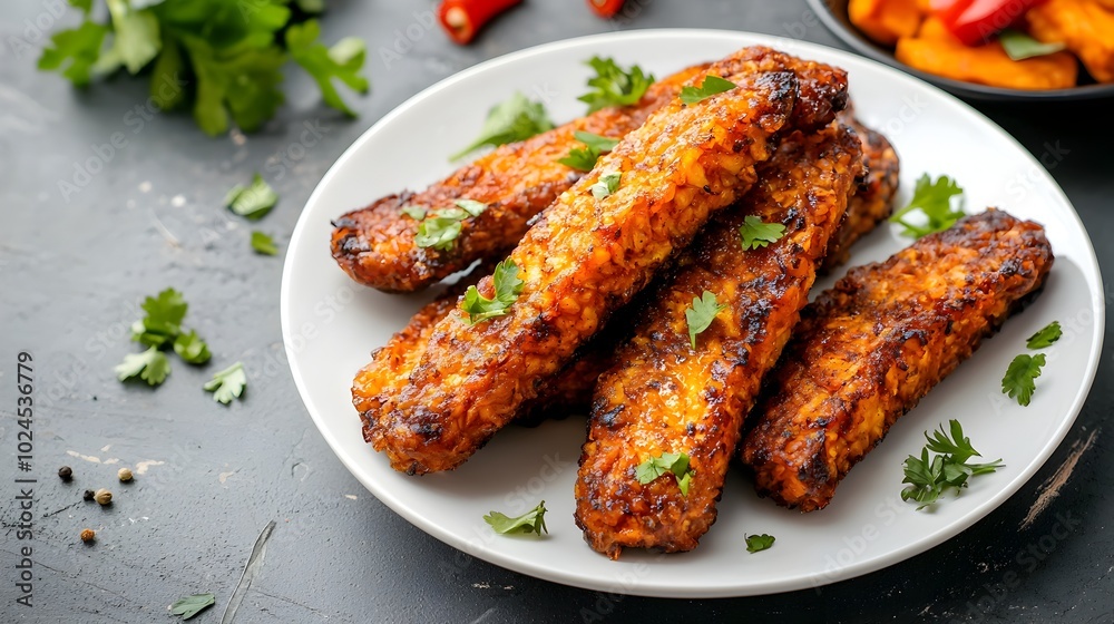 Fried tempeh arranged in an appetizing display on a clean white plate offering ample copyspace for Indonesian culinary content Fried tempeh arranged in an appetizing display on a clean white plate offering ample copyspace for Indonesian culinary content