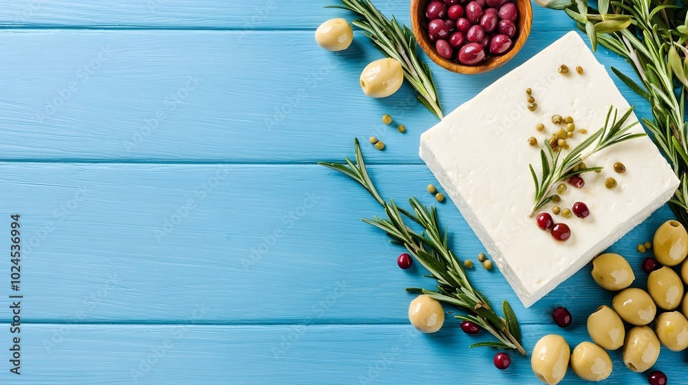 Overhead flat lay of tofu soy beans olives and rosemary on a blue wooden surface highlighting the healthy plant based ingredients with ample room for text or messaging Overhead flat lay of tofu soy beans olives and rosemary on a blue wooden surface highlighting the healthy plant based ingredients with ample room for text or messaging