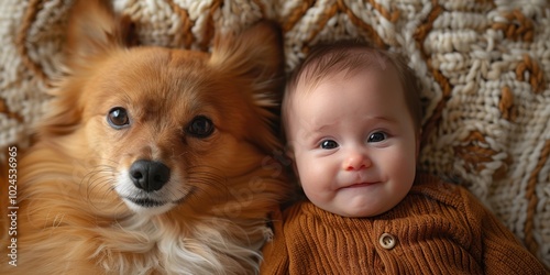 Little baby lying with dog on bed, top view