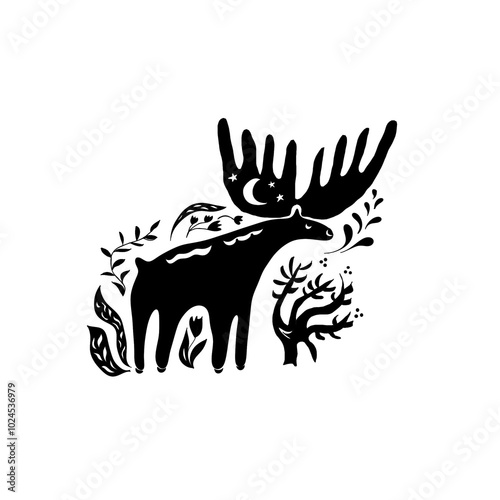 moose, animal, picture, decor, embroidery, design, for children, nature, black on white, photo